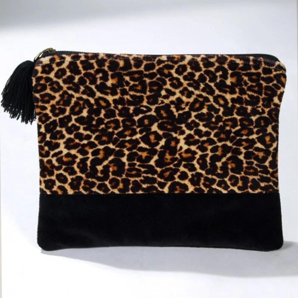 Luxurious Fine Cotton Pouch - Velvet Leopard Print w/ Fine Thread Tassel Accent